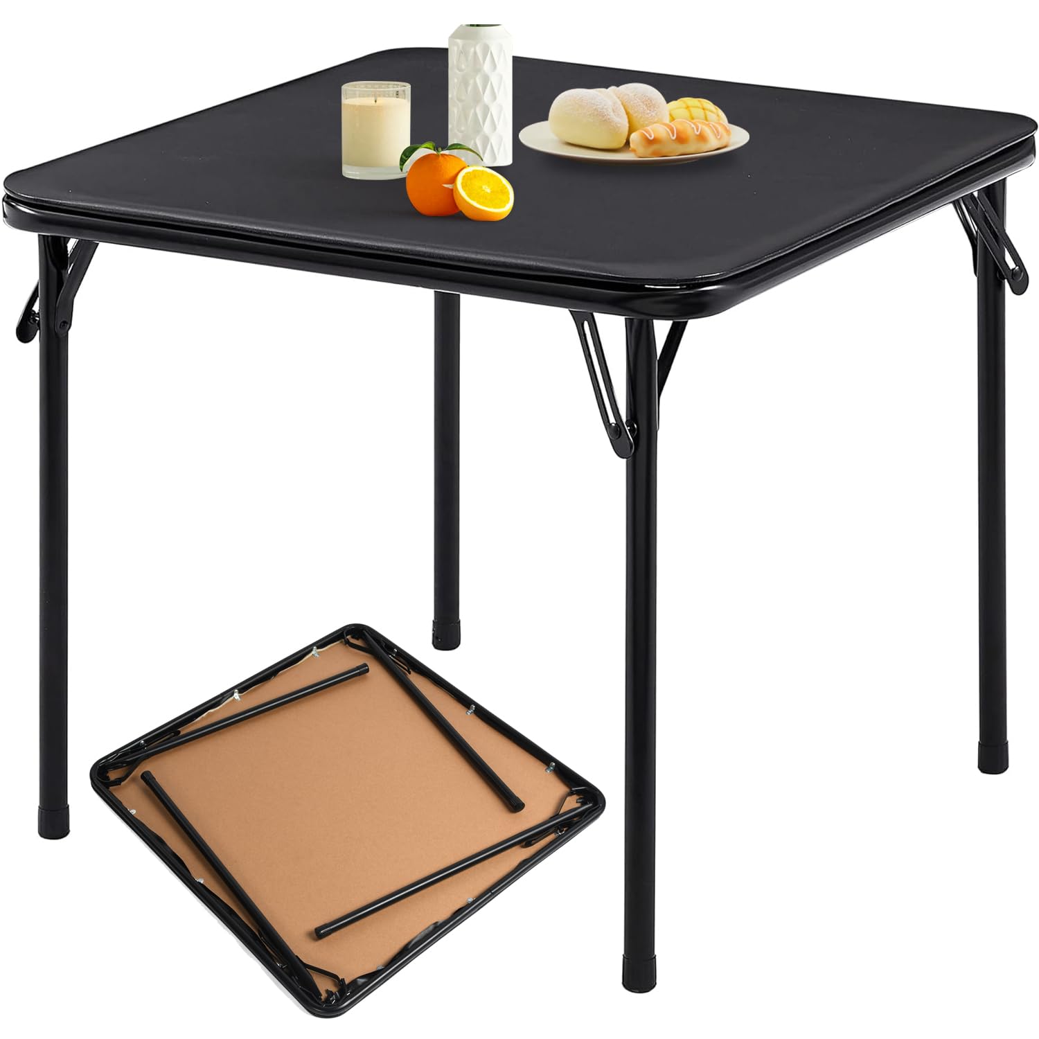 FurnitureRSquare Folding Table, 33.9 Inch Card Table, Multi-Functional Foldable Portable for Indoor Outdoor Dining Panic Patio Balcony Backyard Poolside, PVC Tabletop, Metal Frame, Black