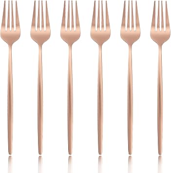 6Pcs Rose Gold Dinner Forks 18/0 Stainless Steel Forks Set for Home Kitchen and Restaurant, Copper Satin Finished, Dishwasher Safe 8.46-Inch, SeT Of 6