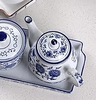 Vista 3 de 123Arts Tetera pequeña de cerámica azul y blanca, tetera retro con tapa, 16.9 fl oz, 16.5 onzas