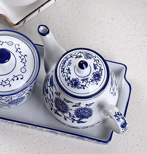 Miniatura 6 de 123Arts Tetera pequeña de cerámica azul y blanca, tetera retro con tapa, 16.9 fl oz, 16.5 onzas