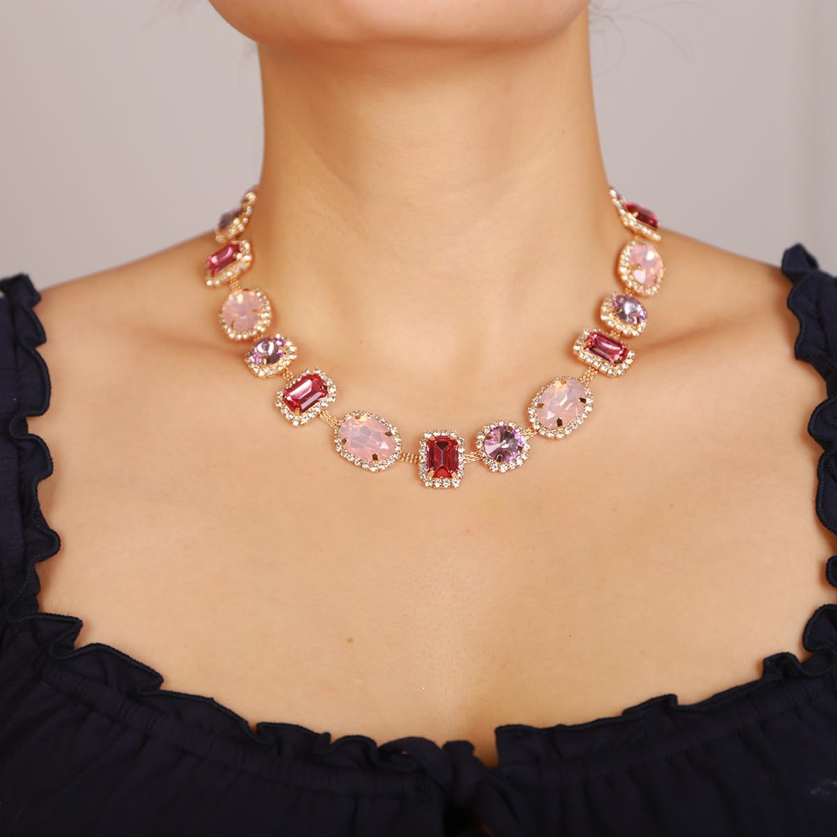 Xerling Multi-colored Geometric Gemstone Crystal Statement Choker Necklace for Women Bridal Wedding Collar Necklace Chains with Stud Earrings - Image 3