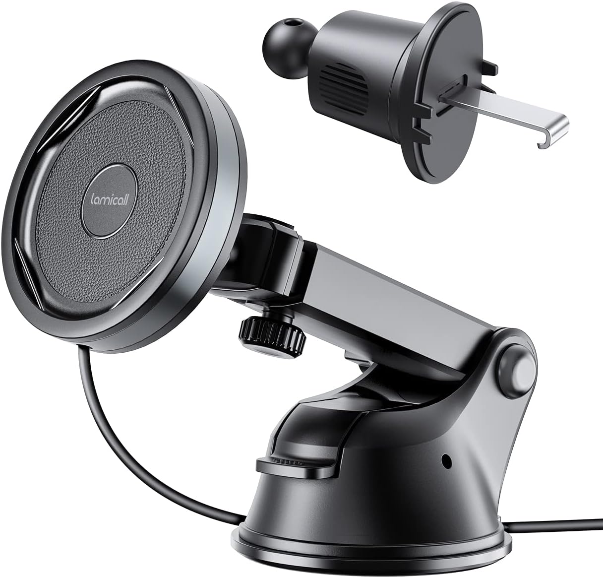 Lamicall All Lock Car Wndshield, Dashboard Suction Wireless Charging Phone Mount(USB-C), Need Work with All Lock Airbag Case (Not Included) for iPhone or All Lock Phone Snap Adaptor (Not Included)