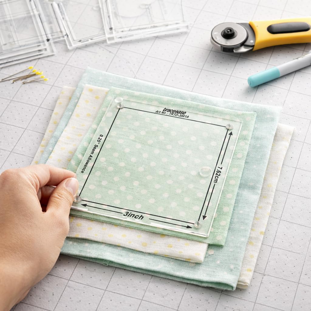 Traceease Square Quilting Template Set – 8 Pc (3/4”–3”) 4mm Thick Clear Acrylic Patchwork Rulers with 1/4” Seam Allowance for EPP, Quilt Blocks & Precision Fabric Cutting