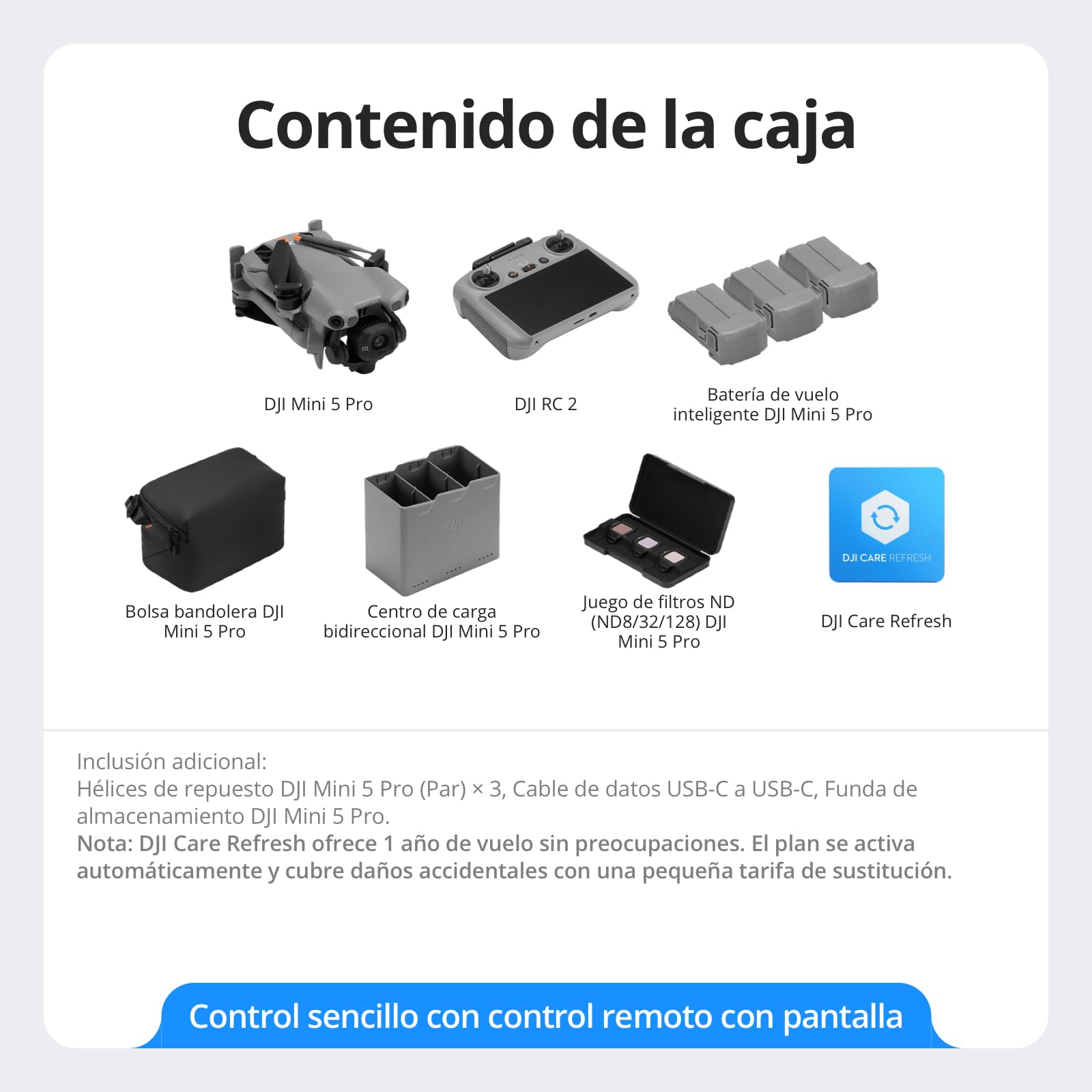 Pack DJI Mini 5 Pro Vuela Más con DJI RC 2 y 1 año de DJI Care (activación automática), Certificado C0, Dron 4K para principiantes, Dron con cámara, CMOS de 1 pulgada, Detección de obstáculos