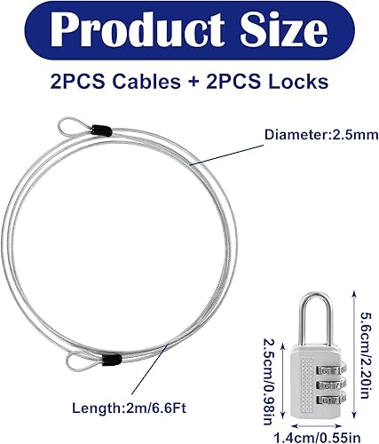 Miniatura 2 de Paquete de 2 bucles dobles de bloqueo de cable de 6.6 pies de largo, 0.098 in de largo, cables de seguridad recubiertos de acero trenzado con