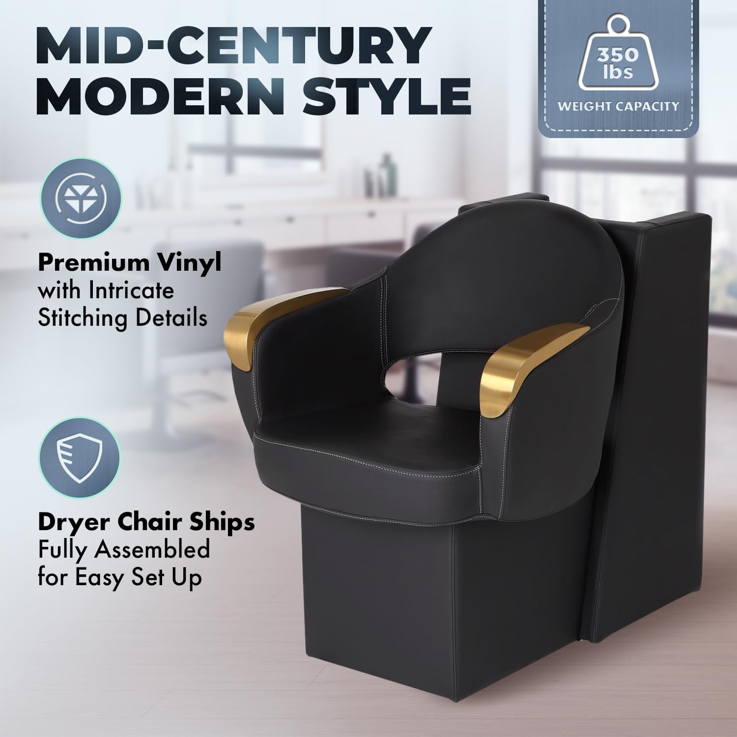 Buy-Rite Luna Gold Dryer Chair - Extra-Wide Salon Chair with Brushed Gold Armrests, Premium Black Vinyl, Stitch Detail, Mid-Century Modern Design, Fully Assembled, YLG-456-1-GOLD