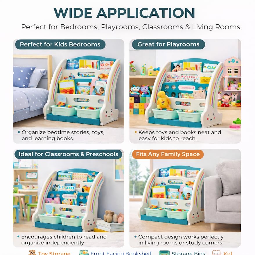 Image of 2 in 1 book shelf Cabinet for kids with toy organizers storage box for Home front facing display Storage bookshelf Rack for kid , 3‑Tier book shelves for kids with Storage Bin for Playroom Montessori