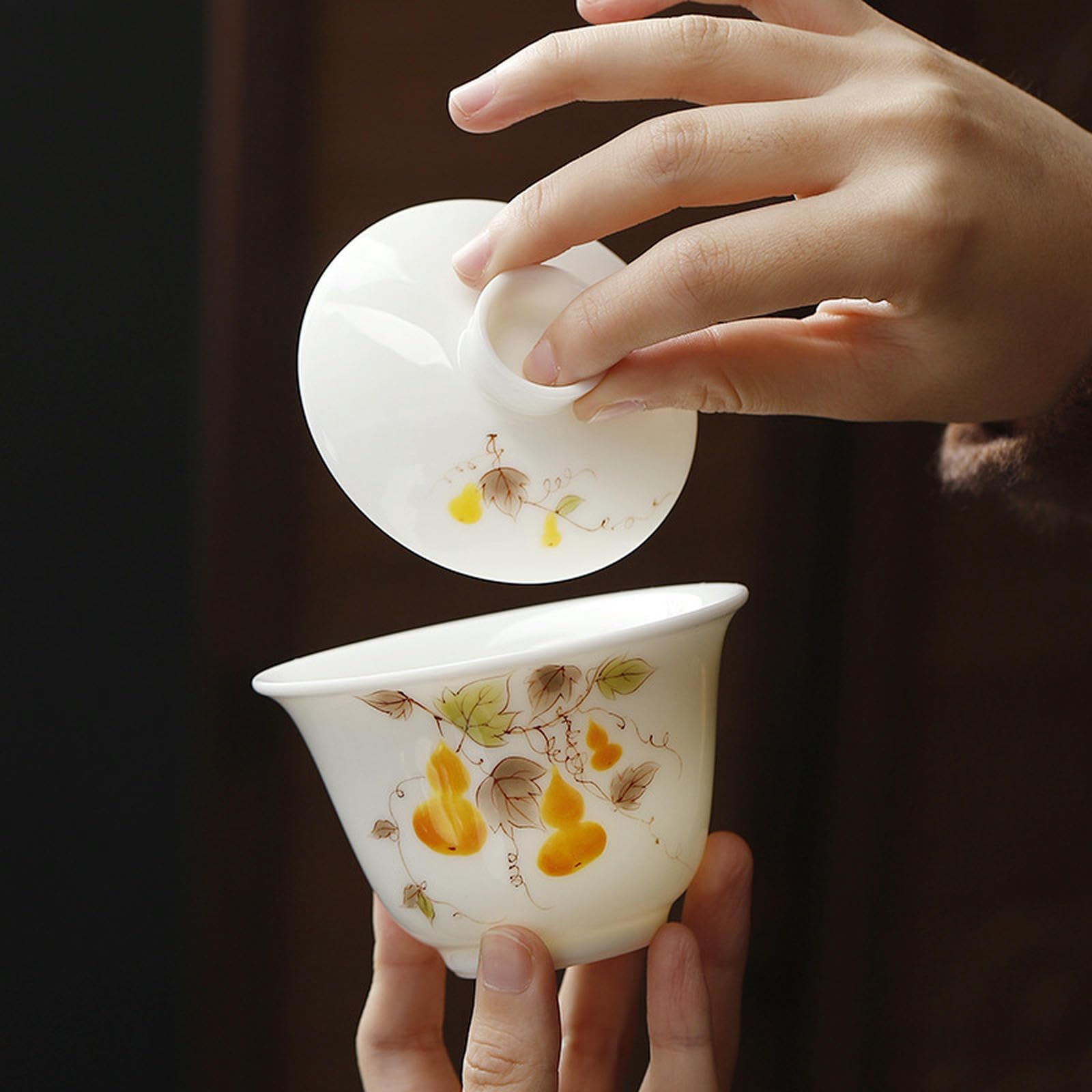 Zestaw do herbaty z białej porcelany z jadeitu, ręcznie malowany, z domową miseczką i zieloną herbatą - Fu Zielony zestaw do herbaty