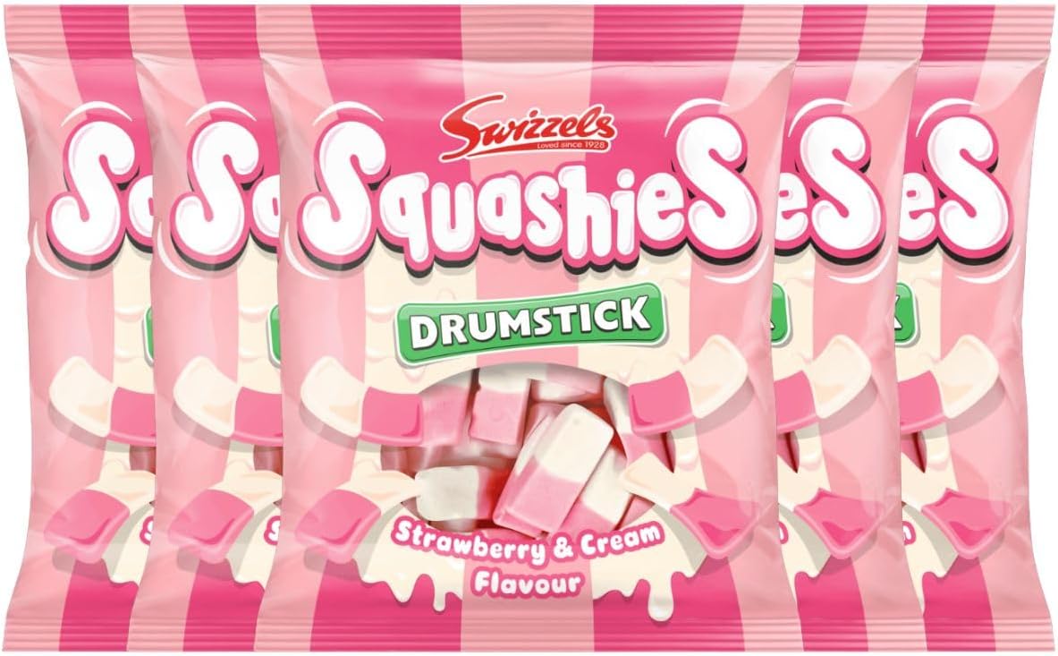 Squashies DrumStick Strawberry & Cream Flavor Candies - MultiPack - 120G (5 PACK BUNDLE) - Imported from UK (Strawberry)