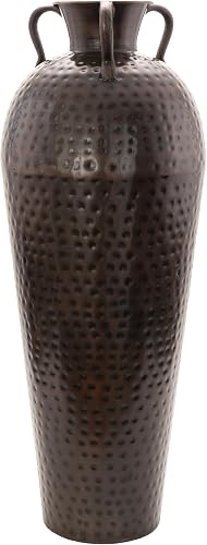 Deco 79 Metal Tall Floor Mediterranean Style Vase with Hammered Details and Handles, 12" x 12" x 32", Brown