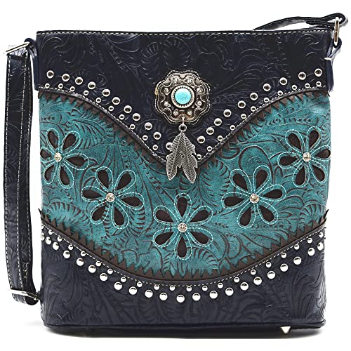 Western Style Tooled Leather Feather Crossbody Handbags Clutch Purse Women Country Everyday Shoulder Bag