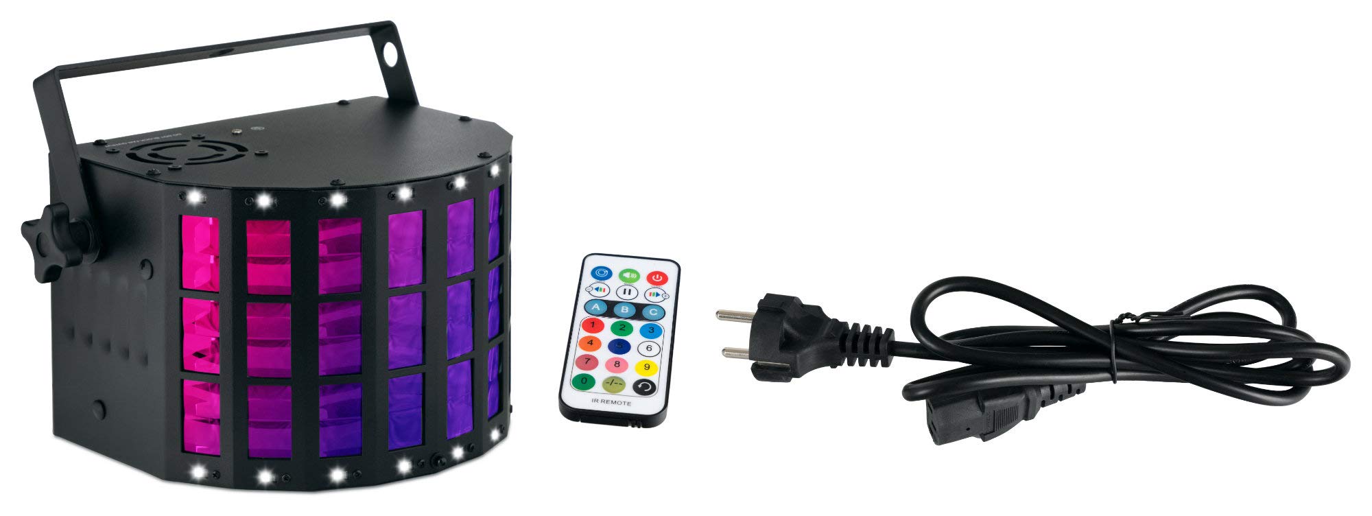 Showlite DS-3 Derby/Strobe Hybrid-Strahleneffekt, 16 SMD-LEDs à 0 | Bunter, bewegter Lichteffekt für Partyraum und mobile DJs, 4 RGBW-LEDs mit je 3 Watt Leistung, 5 Watt für Strobe-Effekt, Auto