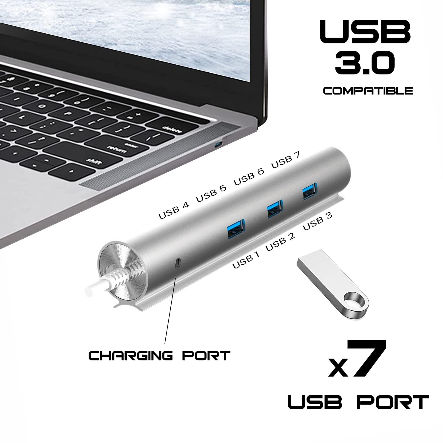 Woxter Hub 73 – Hub avec 7 Ports USB 3.0 jusqu'à 5 Gbps, Aluminium