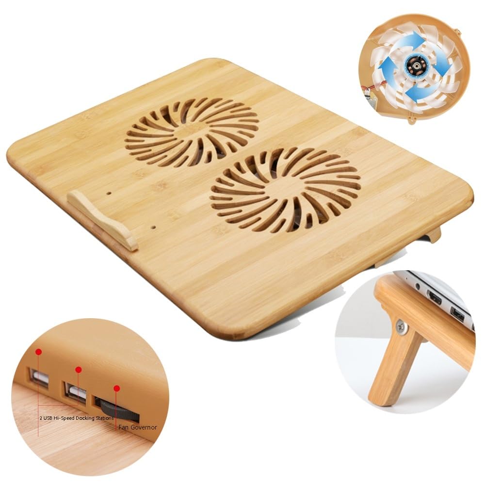Soporte ajustable de bambú para laptop, soporte de refrigeración para portátil con ventilador doble y 2 puertos USB (pequeño)