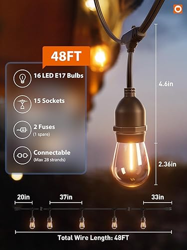 Miniatura 6 de addlon - Tira de luces LED para exteriores de 48 pies con bombillas Edison de 2 W regulables irrompibles y filamento de grado comercial resistente a
