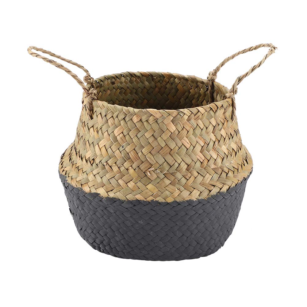 Seagrass Plant Basket with Handles, Seagrass Belly Basket Woven Storage Basket Foldable Woven Planter Basket for Indoor Plants Storage Laundry