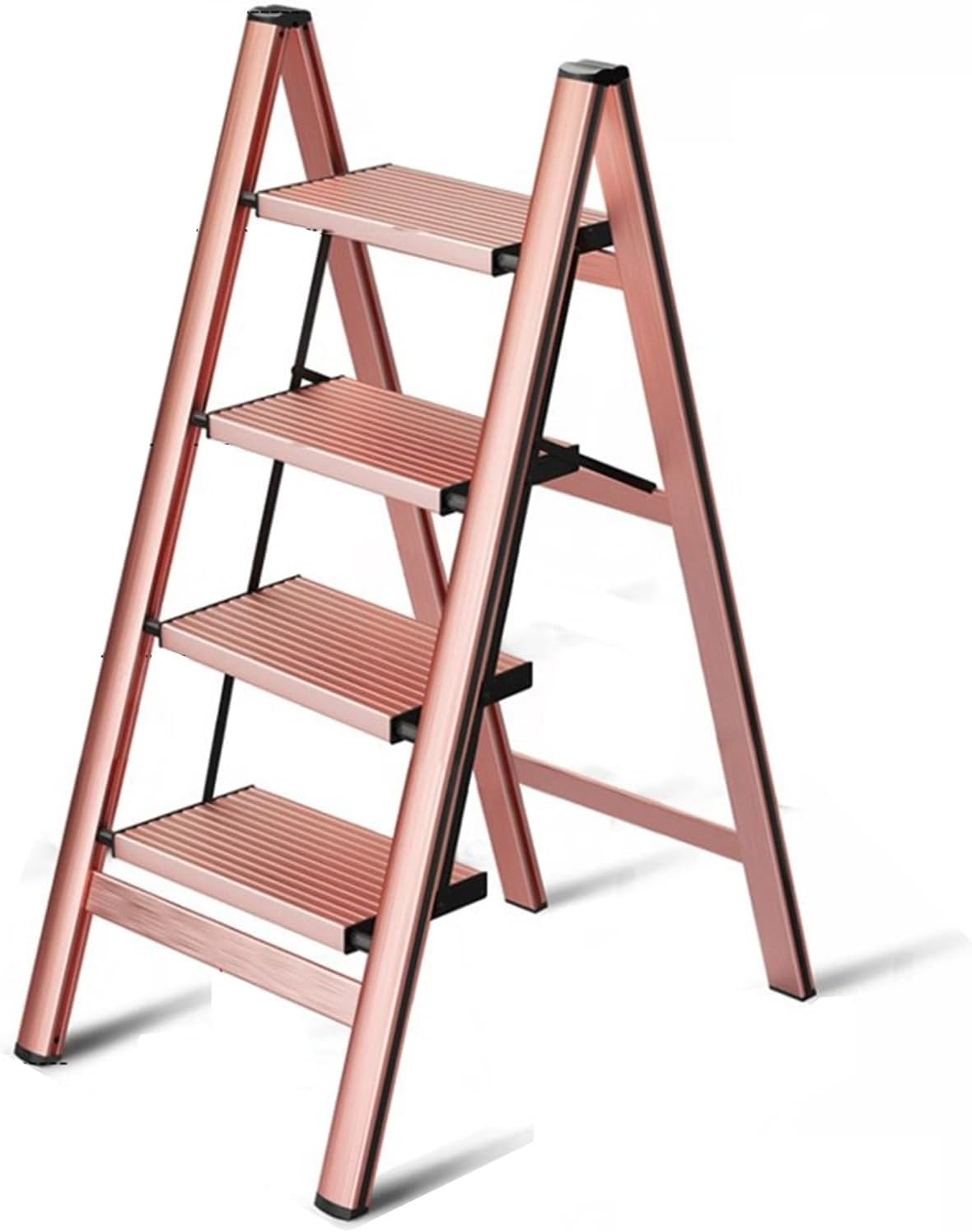 5-Step Ladder Aluminum Alloy Ladder Folding Ladder with Wide Anti-Slip Pedal Multi-Used Ladder Flower Stand, Storage Rack, Portable Step Ladder for Home, Rose Gold(3-Step)