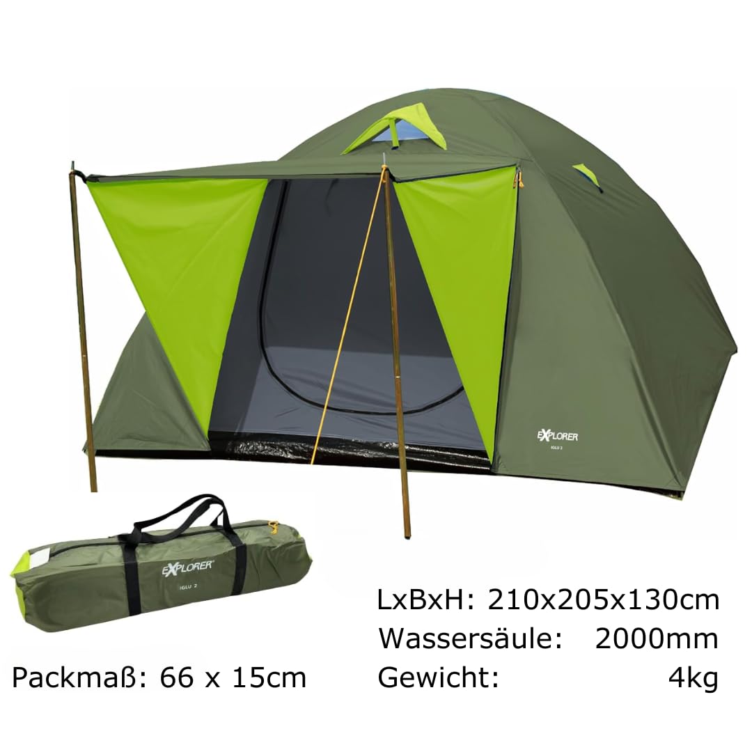 EXPLORER Zelt Iglu 2 & 3 Doppeldach Kuppelzelt mit Vordach Igluzelt 2-4 Personen 2000 mm Wassersäule wettergeschützter Eingang Outdoor Wandern Familie Camping