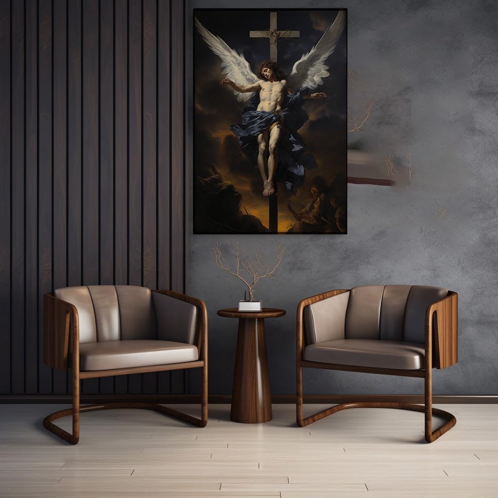 Canvas for Living room. Winged Majesty at Twilight: A Divine Vision in Blue and Gold, 27 x 18 inch Canvas Wall Art - Ready to Hang - 69x46 cm (27x18 inch)