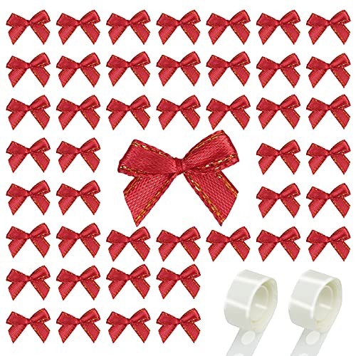 LAMEK 200 pièces Mini Nœud Rouge, Mini Nœud Papillon, Noeud de Ruban de Noël Ornements avec 2 Rouleaux de la Colle pour Emballage de Cadeaux Ornements Fête Décoration DIY Artisanat Noël Rouge Cover