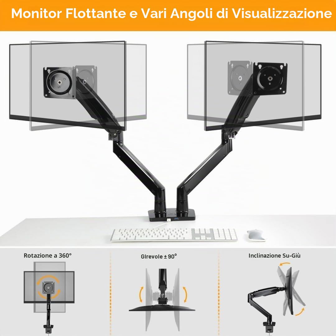 ErGear Supporto Doppio Monitor Scrivania fino a 40 pollici, Capacità Max 12kg, UltraWide Braccio Monitor Resistente con Porte USB, Supporto Monitor Regolabile in Altezza, VESA 75x75mm o 100x100mm