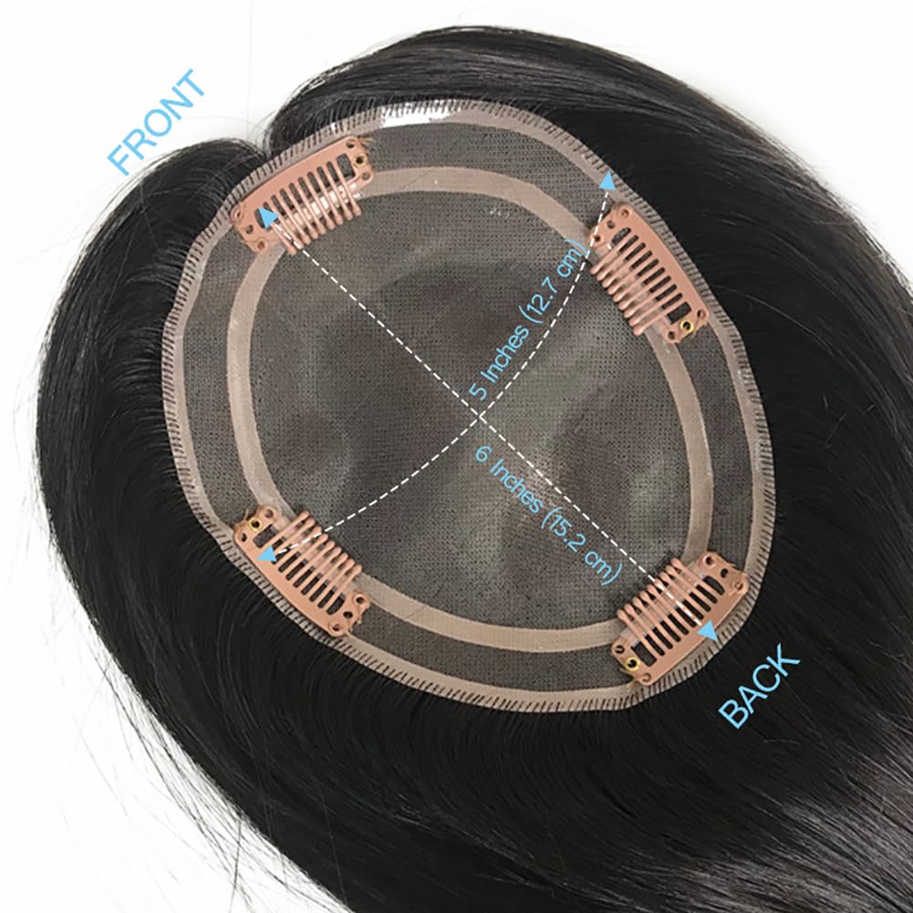 Mono Top Base Women Human Hair Topper With Clips On Size 5"*6" (12 Inch, 1B# Natural Black)