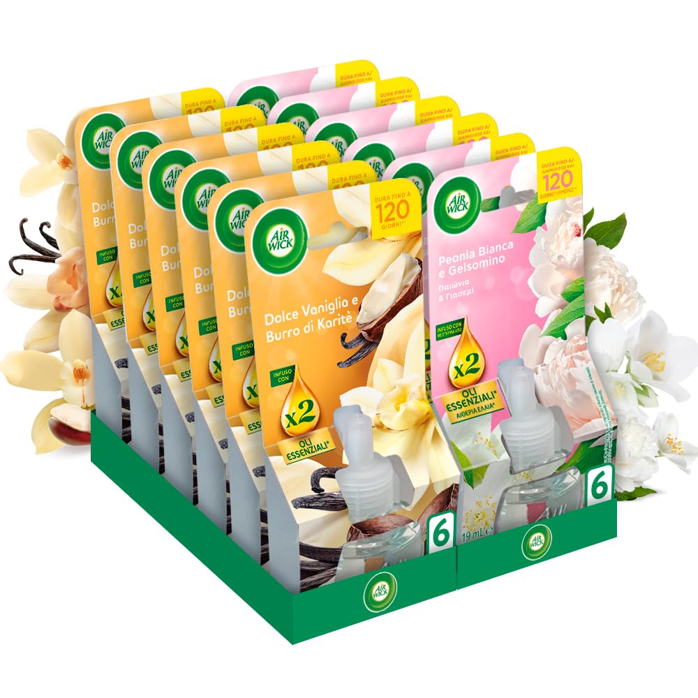 Air Wick Diffusore Elettrico Oli Essenziali 12 Ricariche Vaniglia Burro Karitè Peonia Bianca Gelsomino