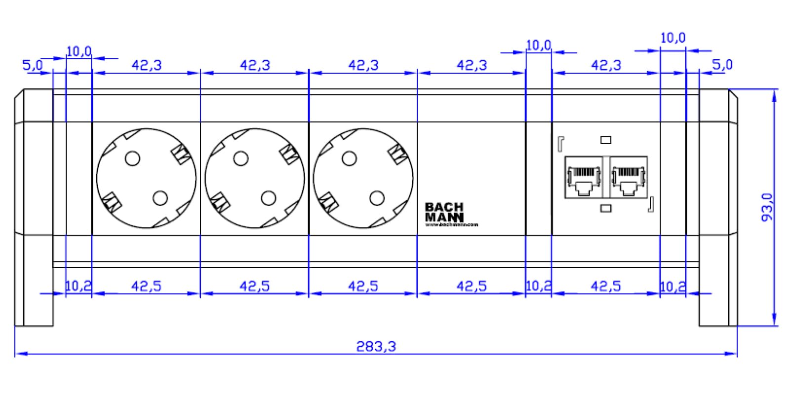 Bachmann 339.1004 - Regleta para fijar al escritorio (3 enchufes Schuko, 2x Ethernet cat. 5)