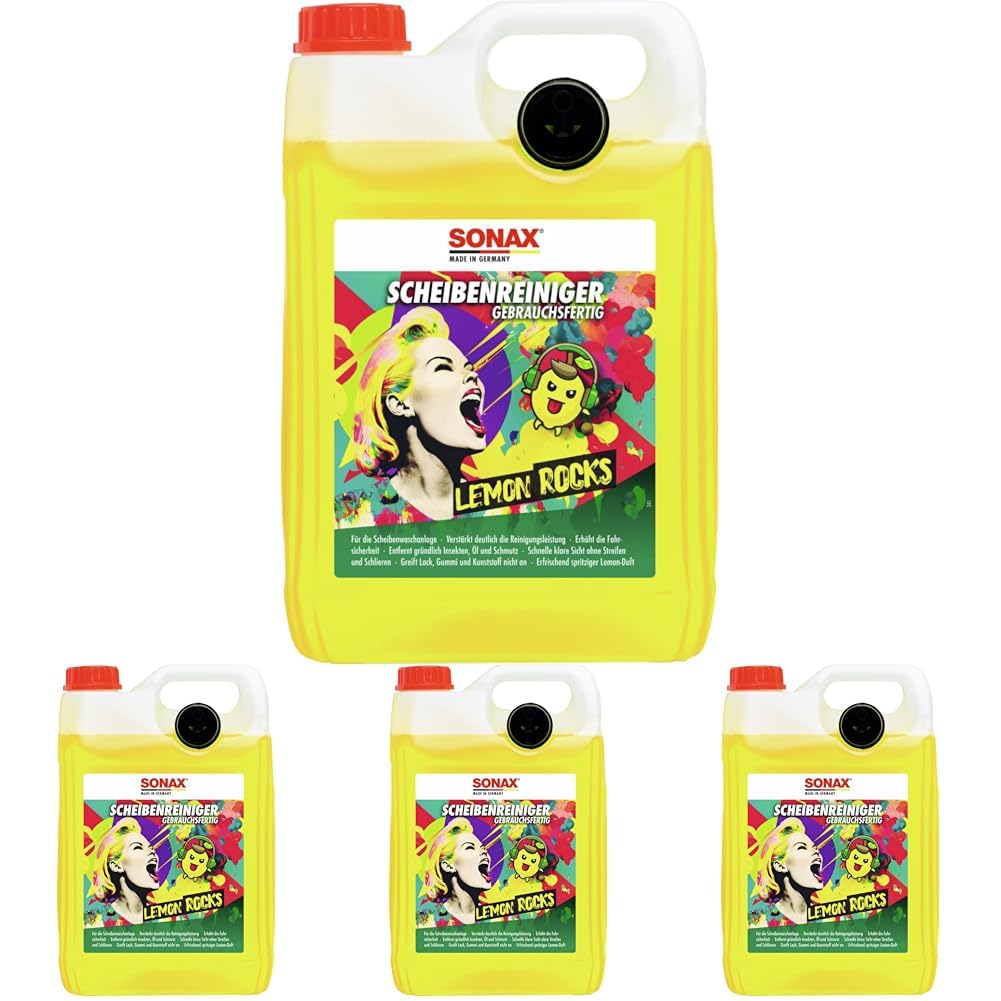 SONAX ScheibenReiniger gebrauchsfertig Lemon Rocks (5 Liter) entfernt Insekten-, Öl-, Silikon- und typische Straßenverschmutzungen | Art-Nr. 01605000 (Packung mit 4)