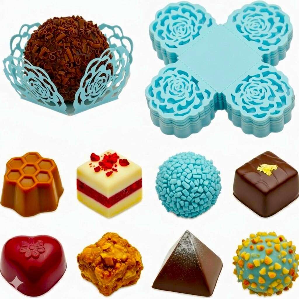 Multicolored Candy Cups Paper Chocolate Wrappers (50 Pack) Gold, Silver, Black or Blue Mini Baking Cups Truffle Liners for Candy Sugar Treats (Light Blue)