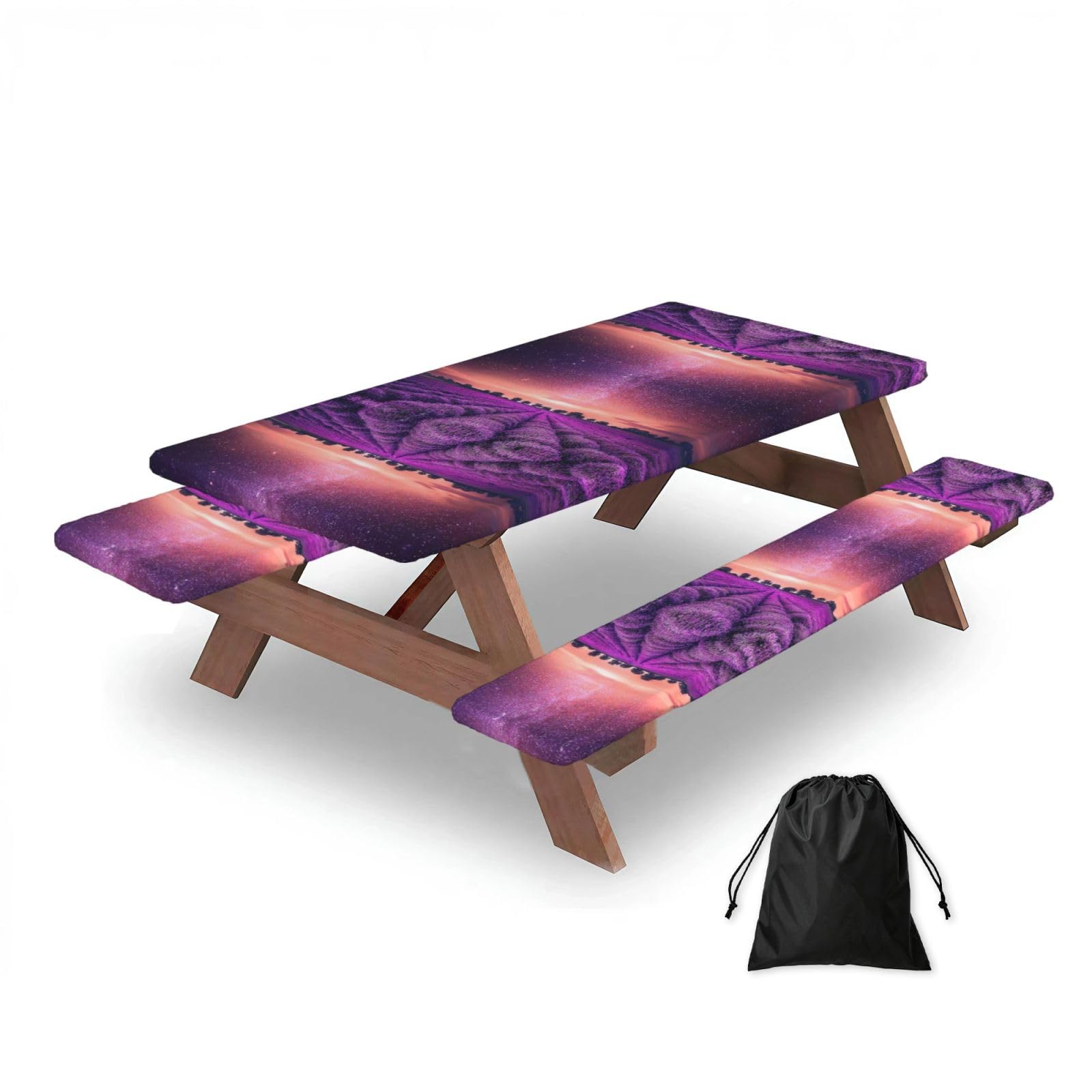 ESNAIUVCD Lavender Fields Print Picnic Table Cover With Bench Covers,Camping Essentials,Fitted Tablecloth Cover With Elastic Edge, For Indoor & Outdoor 3 Pcs