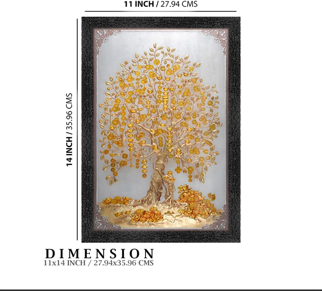 Dharvika Innovations Money Golden Tree Paintings for Living room | Money Golden Tree Painting wall decoration | Money Golden Tree Photo Frame for wall decoration - 2695 (Black, 11x14 Inch)