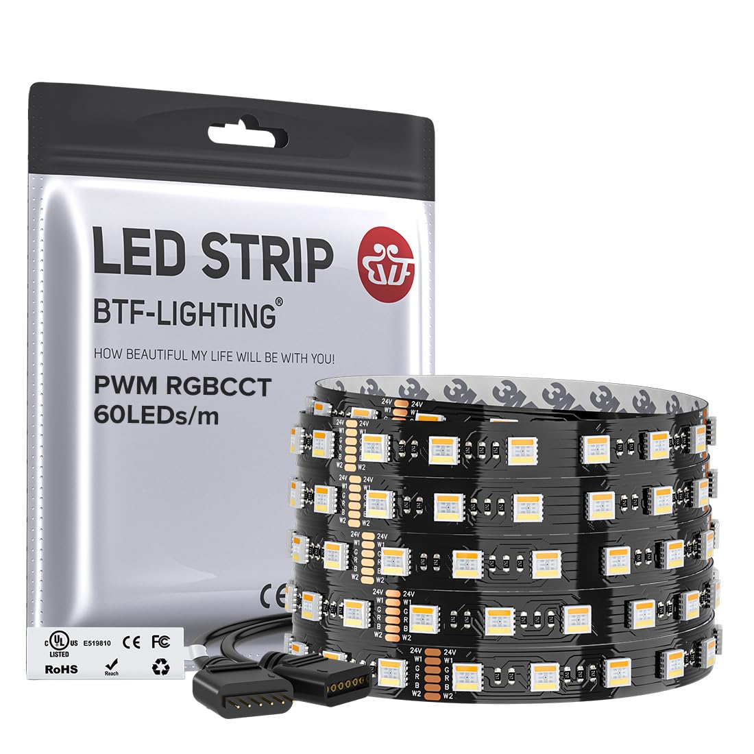 BTF-LIGHTING RGBCCT 5 Colors in 1 LED 5050SMD RGBWW RGB+Dimmable Tunable Color Temperature UL Listed 2700K-6500K 16.4ft 60LED/m 300LED DC24V Multi-Colored IP30 for Decoration(No Adapter or Controller)