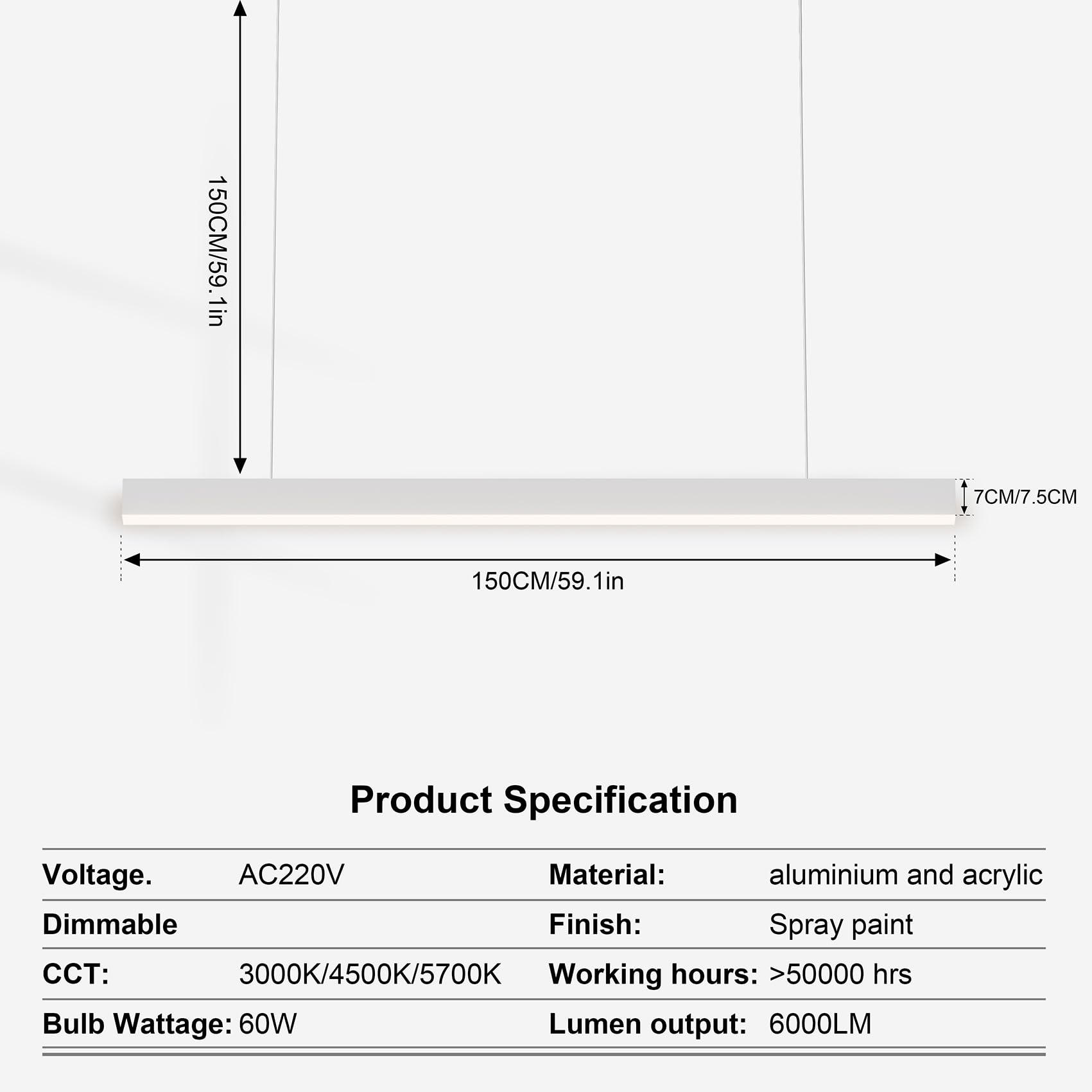 Lámpara LED Lineal Colgante Moderna, 150cm (60W) / 120cm (36W), Luz de Techo para Oficina y Comedor, Iluminación Profesional (Blanco,1200mm,3000K-5700K)