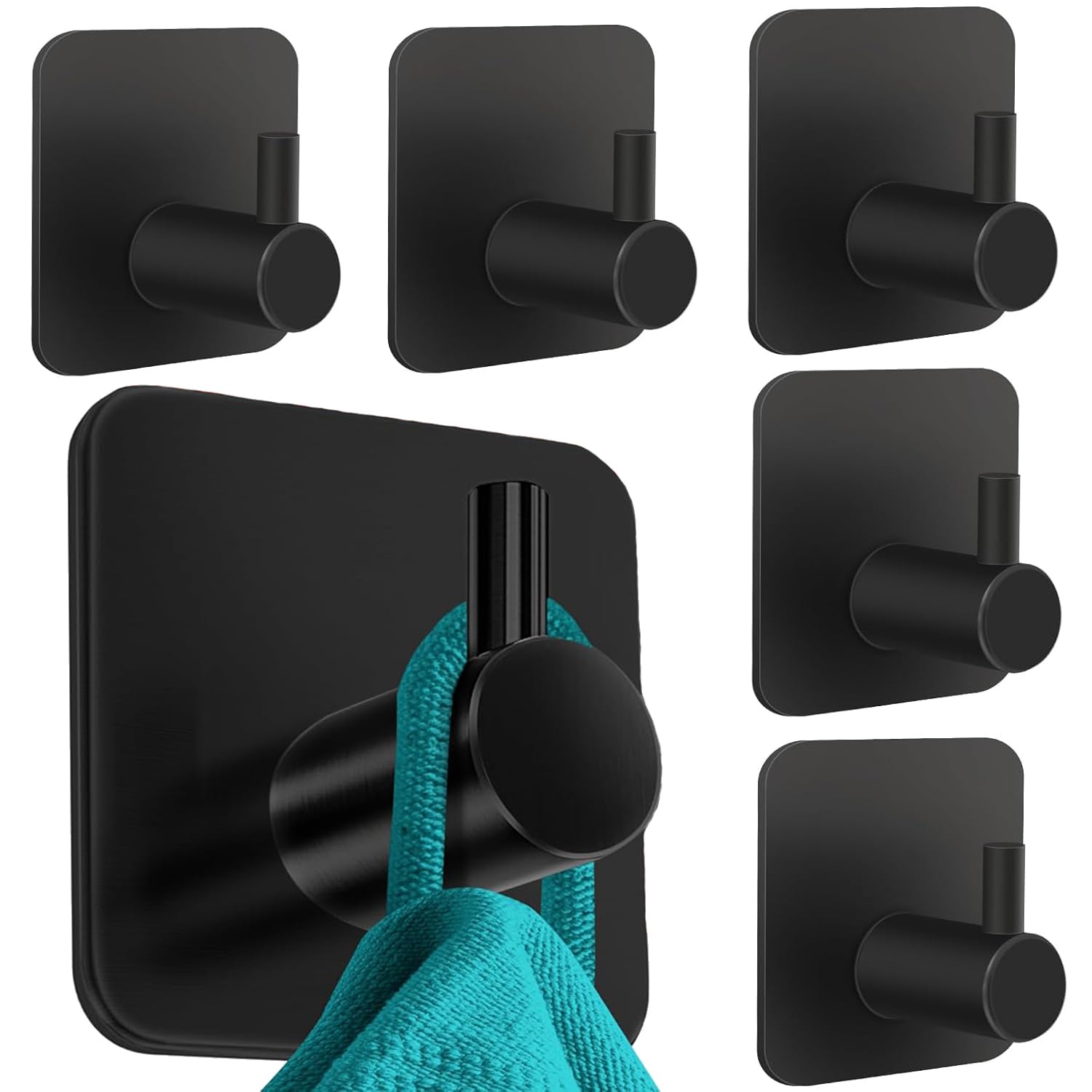 6-Pack Black Self-Adhesive Hooks, Home Heavy Duty DIY Wall Mounted Hook Stainless Steel Sturdy Waterproof Super Sticky Practical Towel Robe Coat Hooks for Living Room Kitchen Bathroom Bedroom
