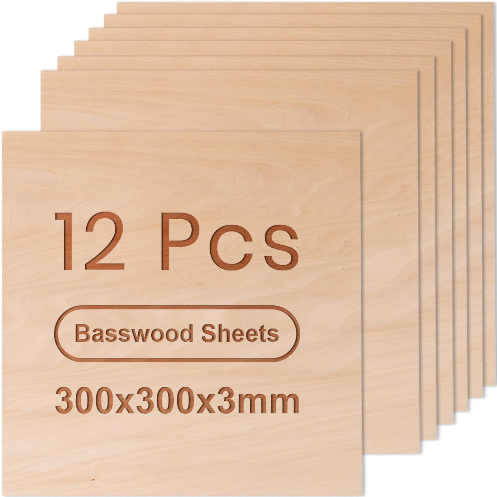ROWOOD Basswood Plywood Sheets 12PCS 300x300x3mm Laser Engraving Materials Plywood Board for Model Making DIY Wooden Crafts Ideal for Laser Cutting Wood Burning Painting CNC