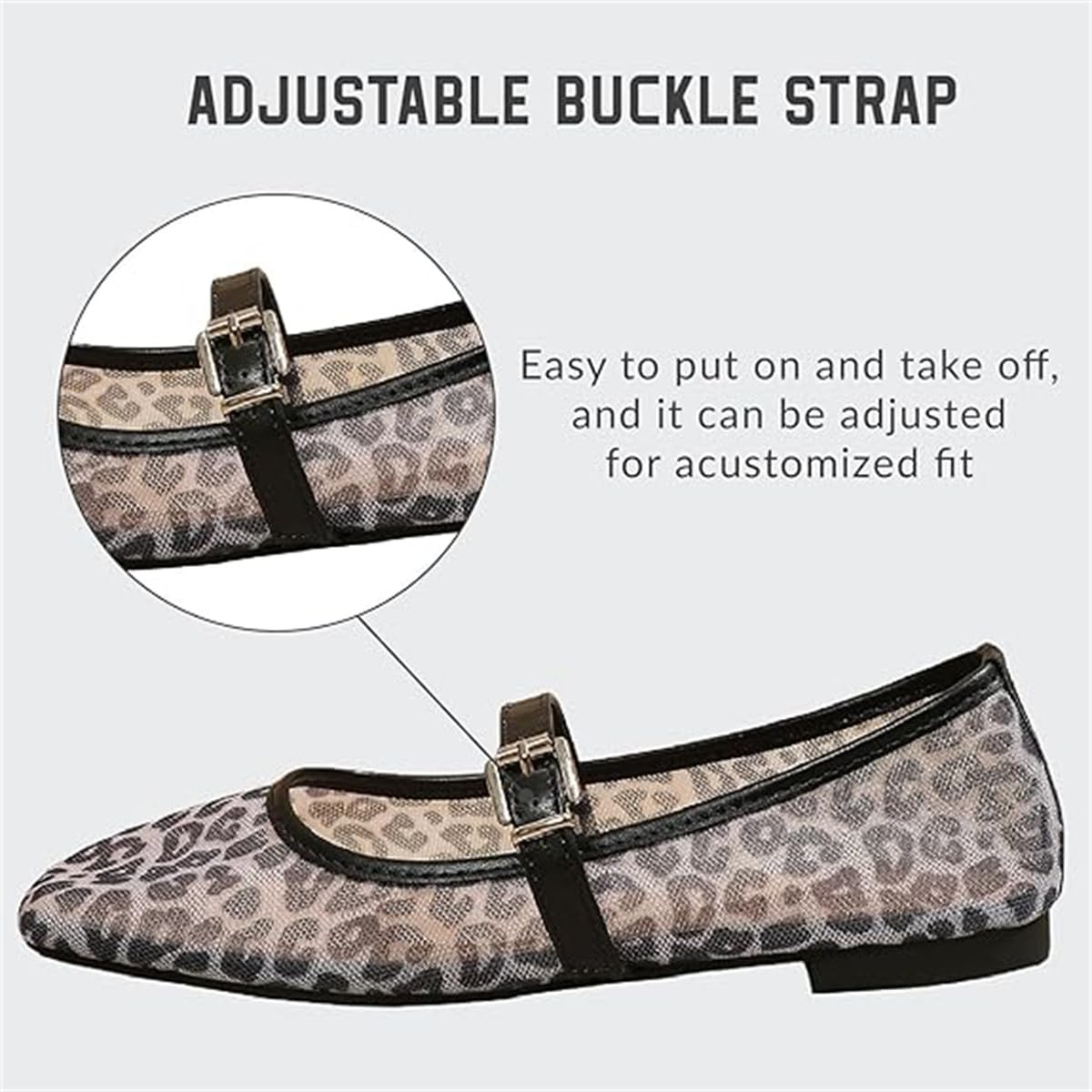 Zapatos planos de ballet de malla con estampado de leopardo para mujer, puntera cerrada cuadrada, zapatos planos Mary Jane de malla transpirable para mujer
