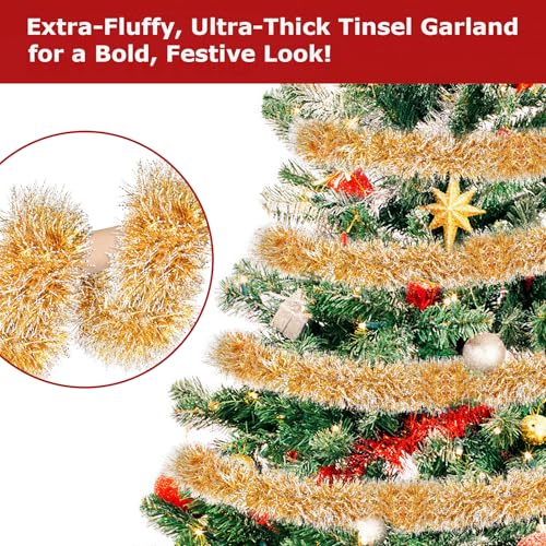 Image of 50ft Gold White Christmas Tinsel Garland Xmas Tree Garland Decorations Metallic Tinsel Glitter Twist Garlands Hanging Streamers for Indoor Holiday Decor