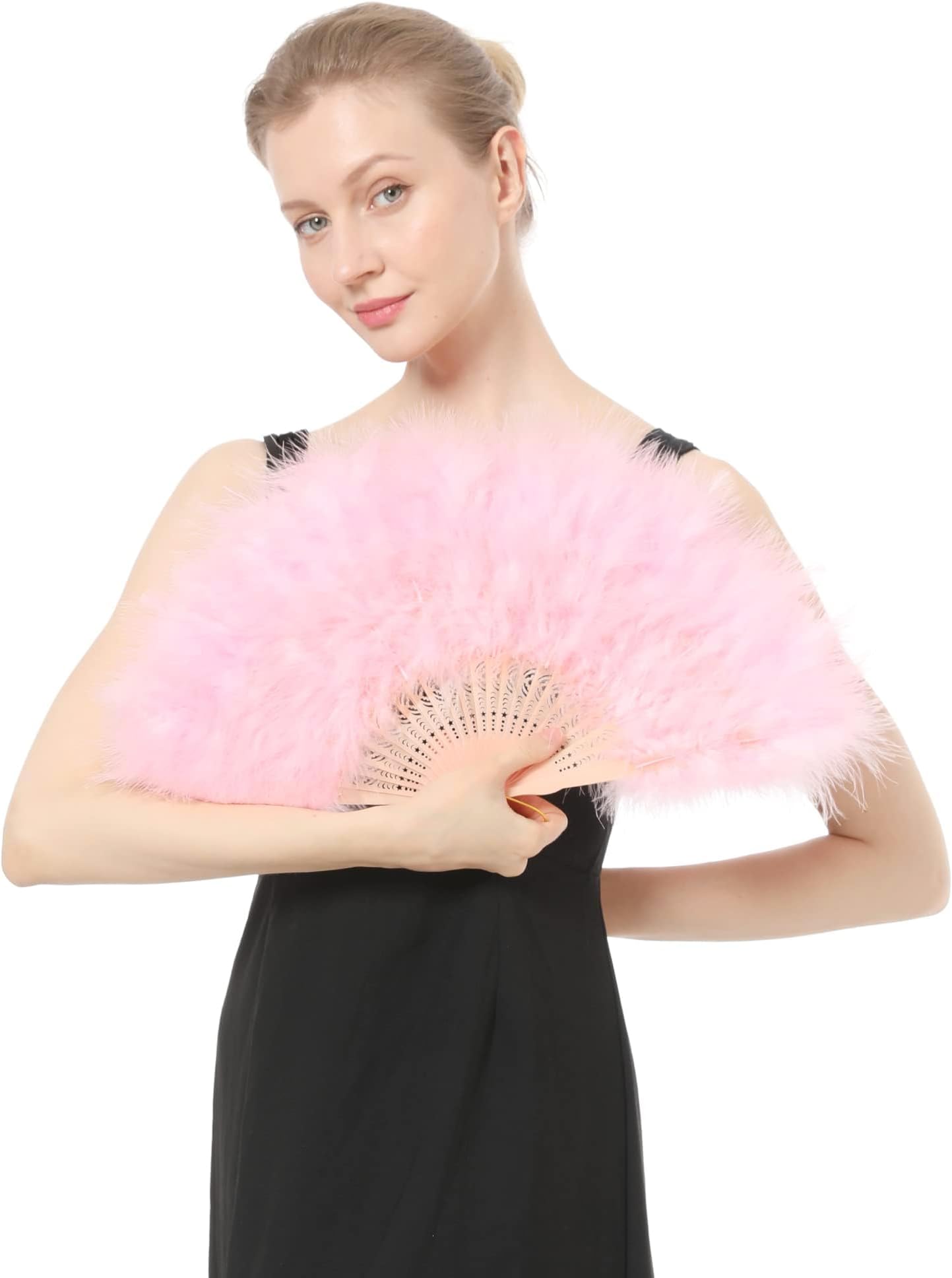 Hand Held Folding Fan Feather Accessories for Halloween Costume Tea Party Decoration (Pink)