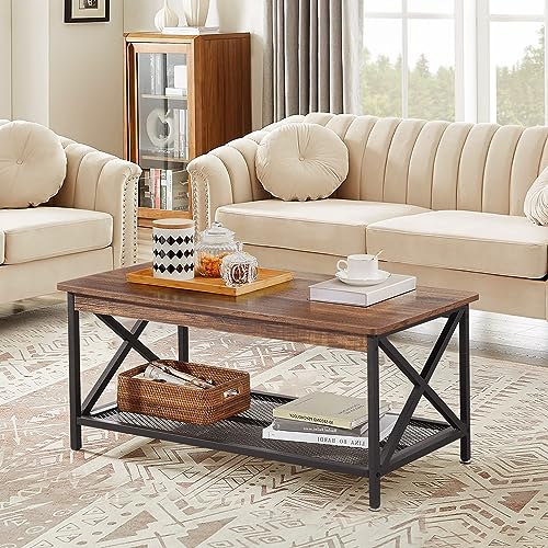 Vecelo Coffee Center Table With Storage Shelf For Living Room Office Reception, Rectangle, Brown #TOP4