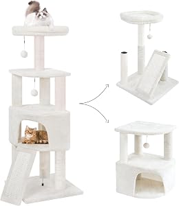 HUITREE 45in Cat Tree Tower with Big Condo for Indoor Cats,Cat Tower with Scratching Post,Scratching Board and Cat Toys,Multi-Level,Small Space,Beige