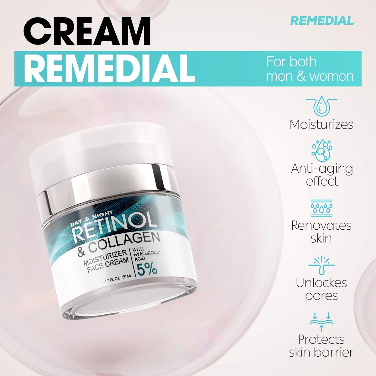 Retinol Cream for Face – Facial Moisturizer with Hyaluronic Acid and Collagen – Hydrating Face Lotion for Women and Men – Day and Night Anti-Aging Moisturizing Cream – For All Skin Types : Beauty & Personal Care