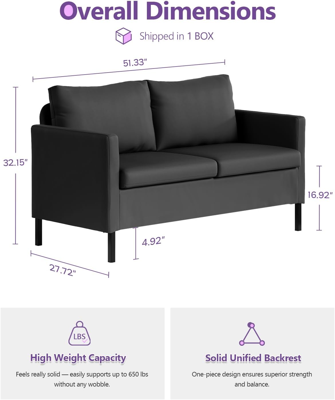 TYBOATLE Modern Faux Leather Small Couch Black Love Seat for Bedroom 2 Seater Mini Couch for Dorm Apartment Office