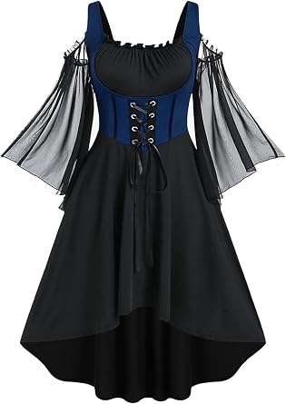 Rosegal Women Plus Size Punk Gothic Dress | Punk, Cold Shoulder, Flare Sleeves, Lace Up, High Low A Line Midi, Renaissance Corset Dress