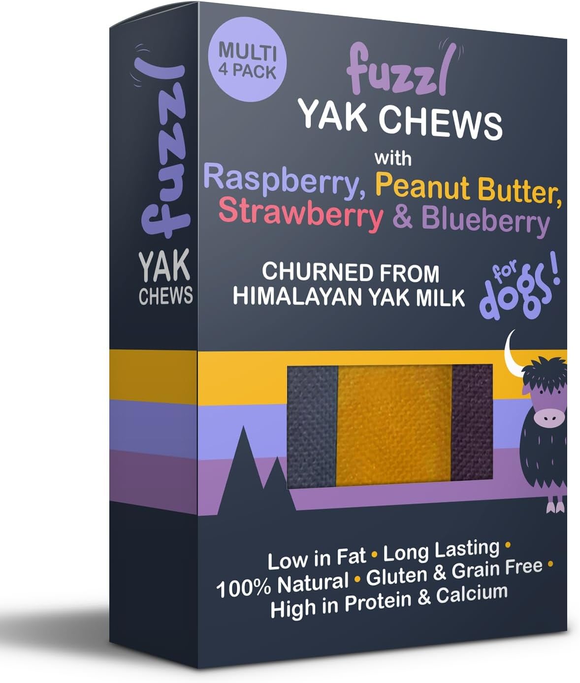 Fuzzl Raspberry, Peanut Butter, Strawberry & Blueberry Himalayan Yak Cheese for Dogs Box 4, 300g Premium Natural Dog Treats | Yak Chews for Dogs Dental Chews