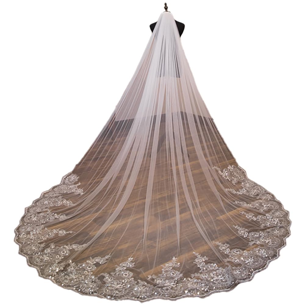 PefantalWedding Lace Veil Women's Long Cathedral Veils for Brides Luxurious Tulle Bridal Veils with Comb White/Ivory