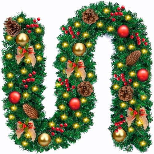 Vleuexe Guirnalda de Navidad Verde,2,7M Guirnalda Decorada,Guirnalda Verde Navidad Artificial con 50Luces LED Bayas,Piñas,Abeto Artificial Guirnalda de Ratán,para decoración del hogar Escalera Puerta
