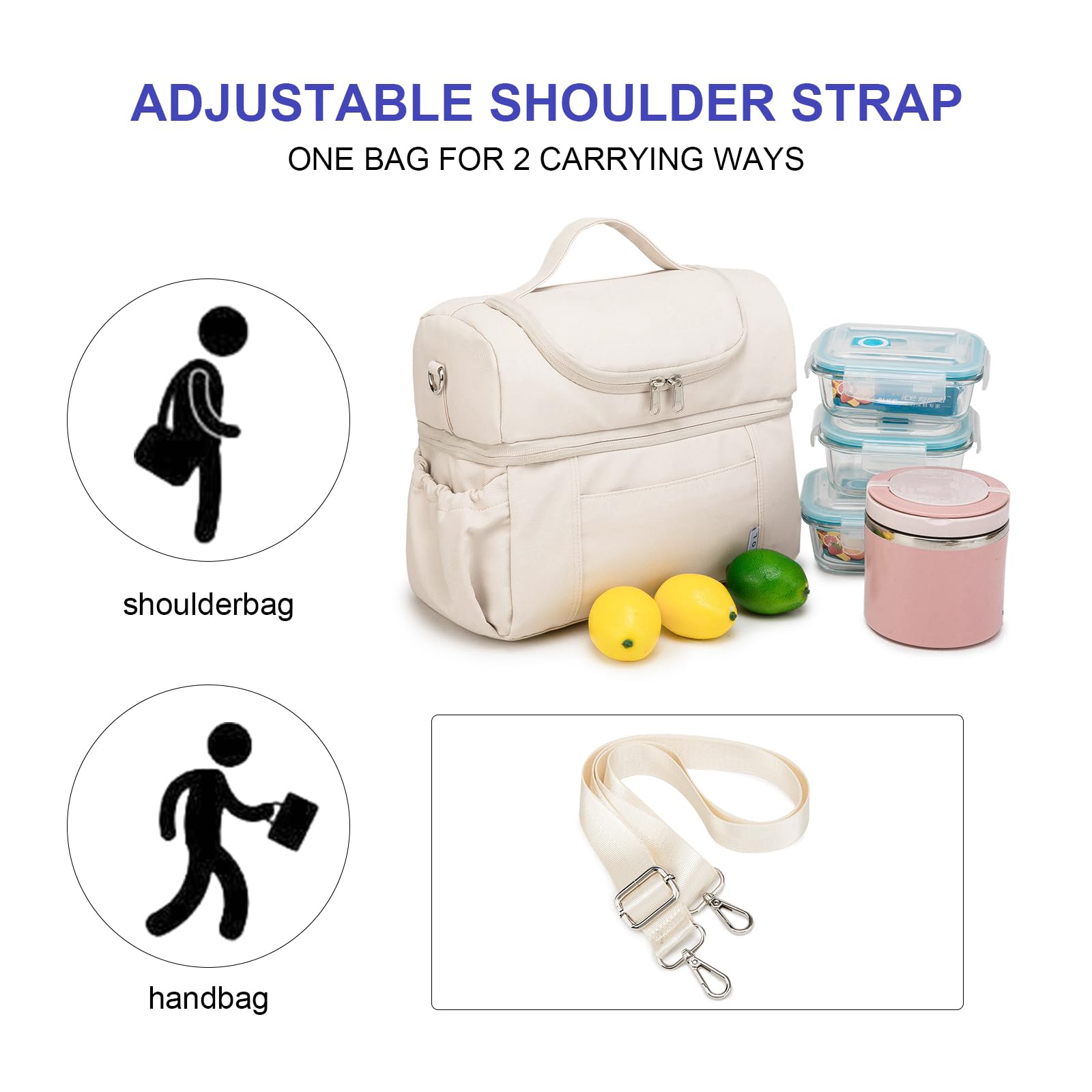 NOL Natural Organic Lifestyle Lonchera térmica para adultos, bolsa de almuerzo grande con doble compartimento, bolsa de almuerzo enfriadora, ligera, de nailon, impermeable, para el trabajo, picnic,