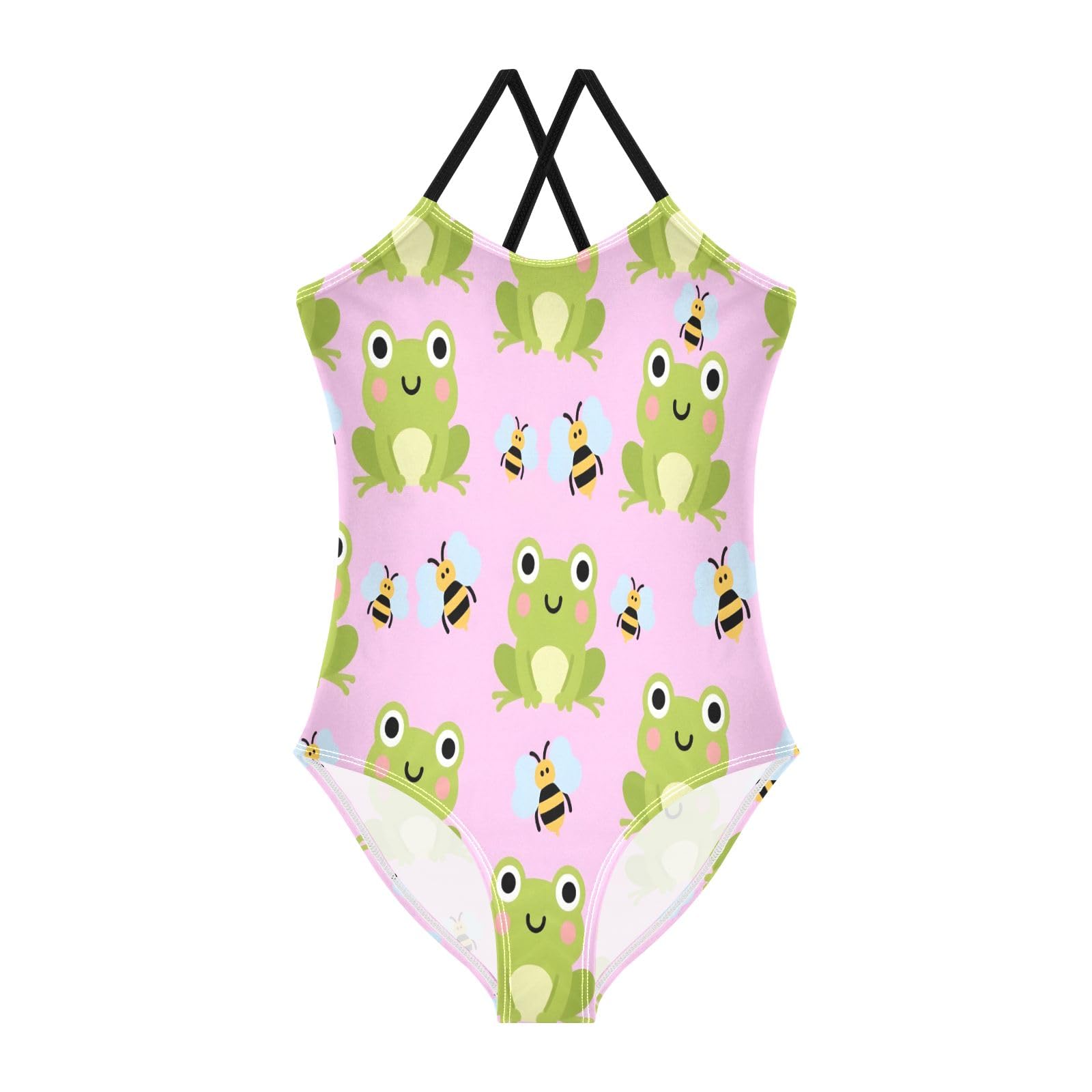 Frog Bee Pattern Girls One-Piece Swimsuit Quick Dry Beach Swim Bathing Suit