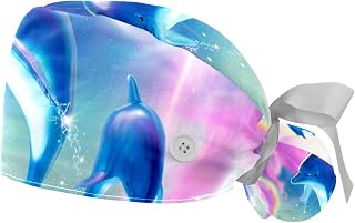 2PCS Working Hats for Men Rainbow and Dolphins Adjustable Women Work Caps Bouffant Hats with Sweatband, Multi, One Size